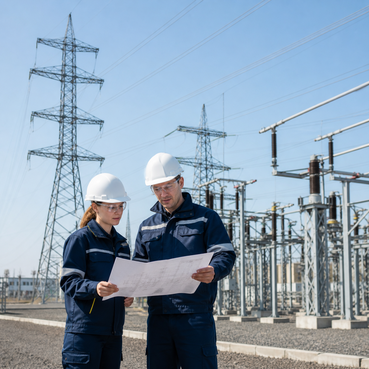 Engineers reviewing installation requirements at an electrical substation