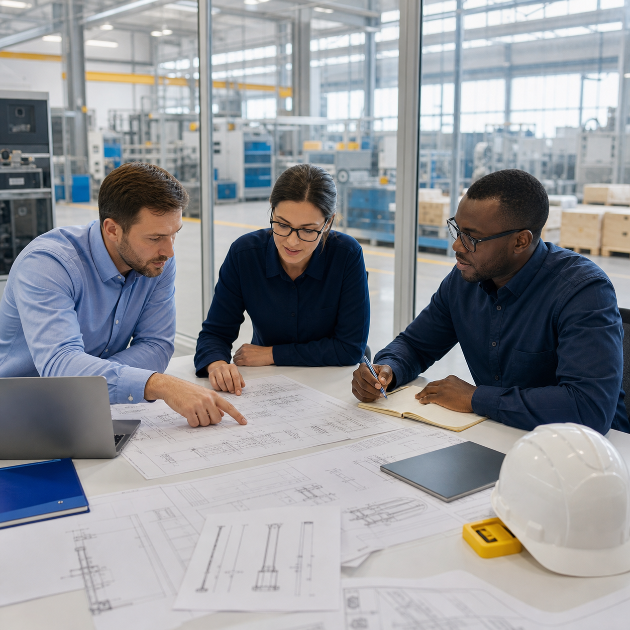 Technical team reviewing electrical drawings and a bill of materials