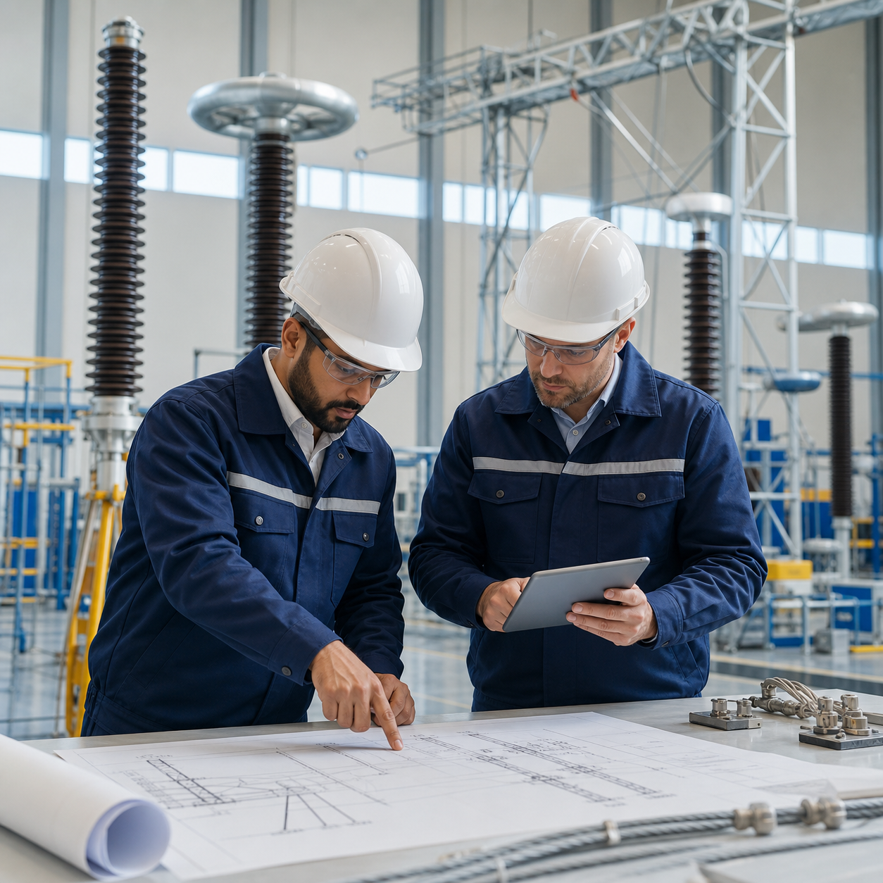 Engineers reviewing technical information in an electrical testing facility